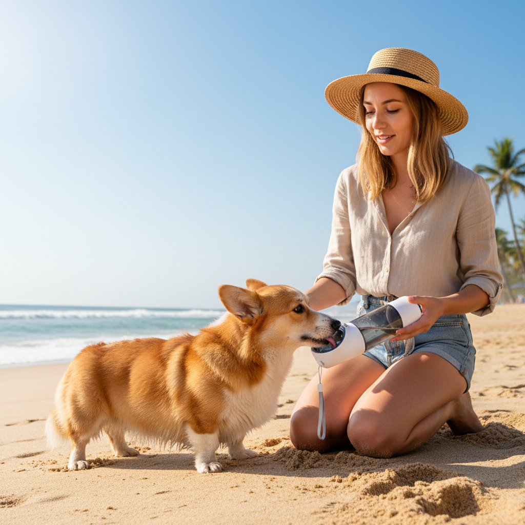 Corgi dog drinking from portable pet water bottle at the beach
