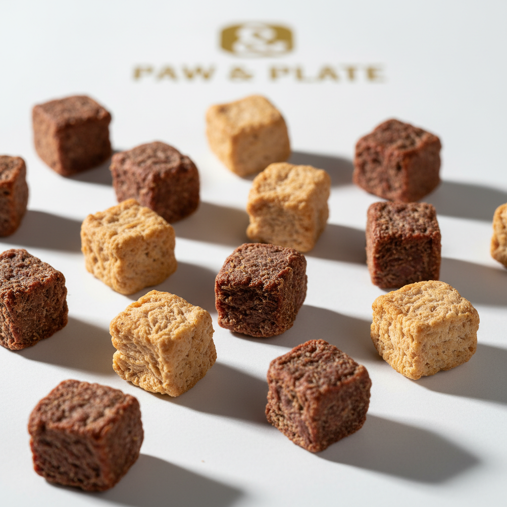 Close-up macro shot of dried beef and chicken dog treat cubes