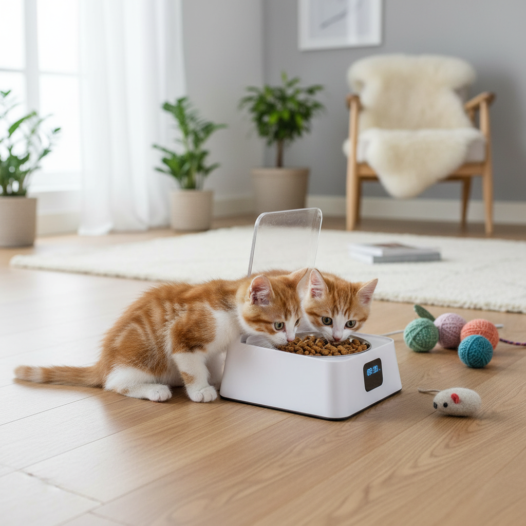 Two kittens eating from Pet Automatic Feeder