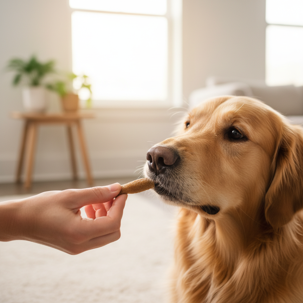 Owner giving glucosamine supplement chew to dog