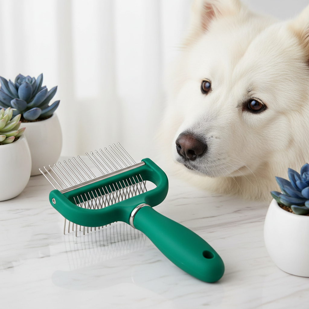 Green double-sided pet grooming comb on marble surface next to a fluffy dog