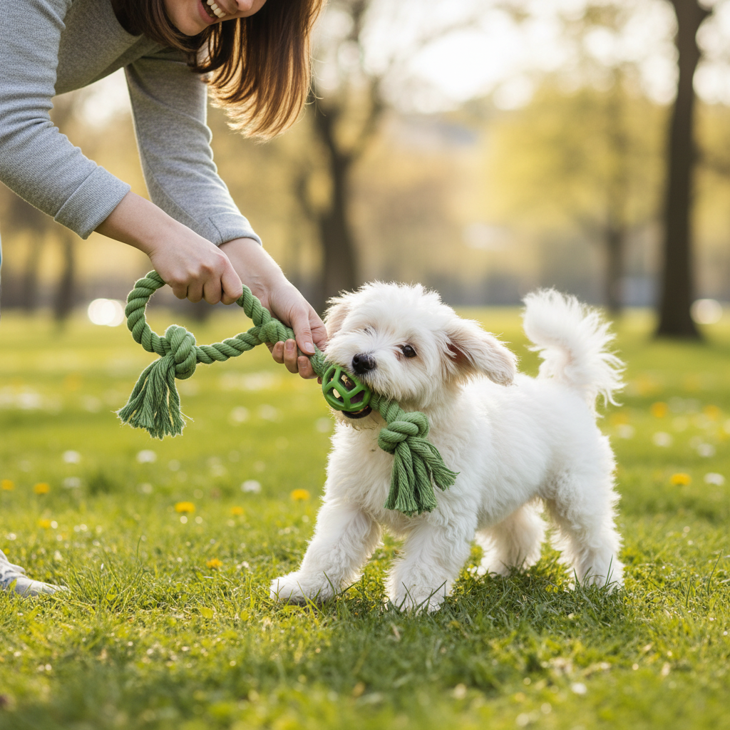 Small dog playing tug of war with green hemp rope ball toy