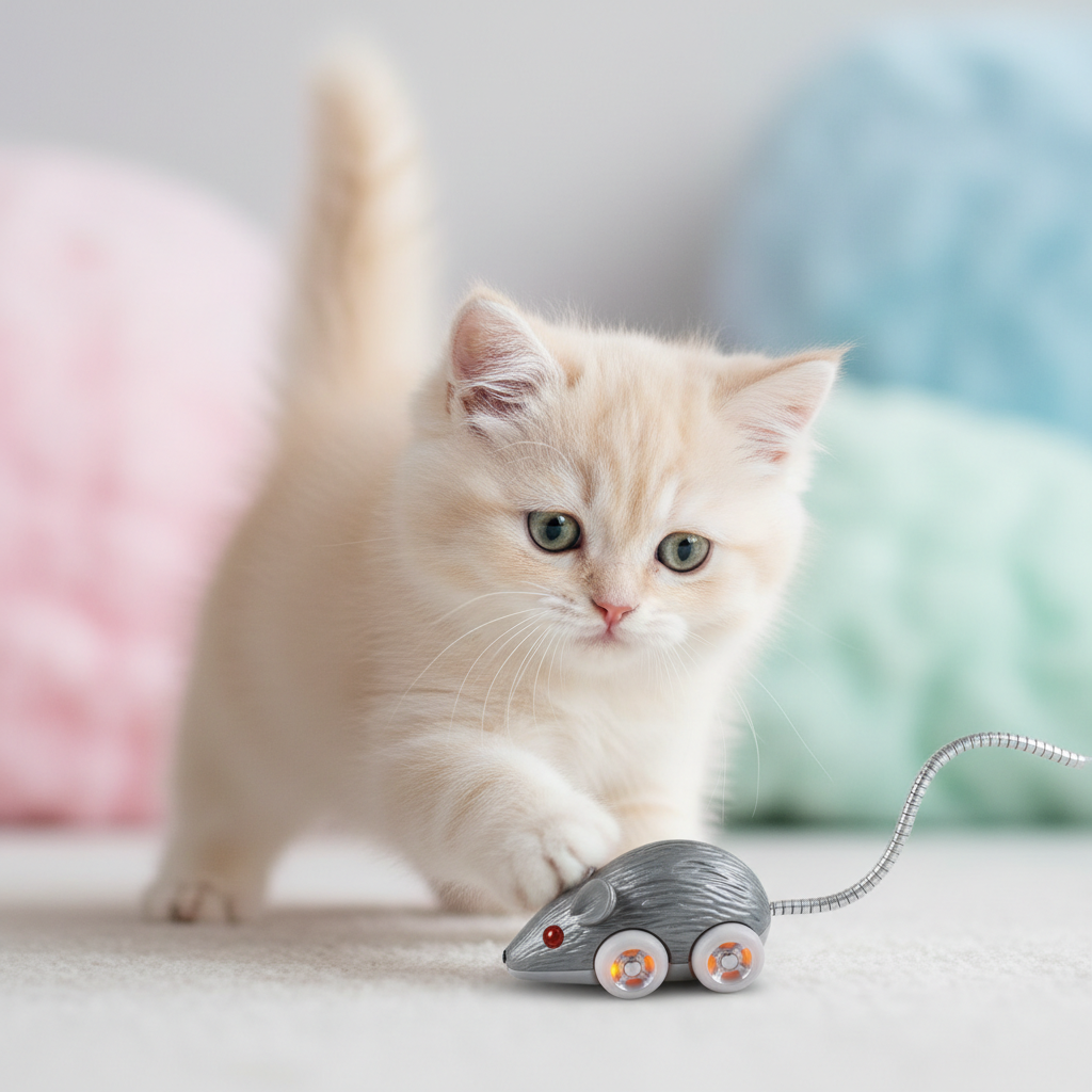 Kitten batting at electric mouse toy with orange wheels