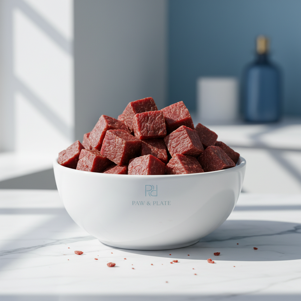 Premium beef cube dog treats in ceramic bowl on marble surface