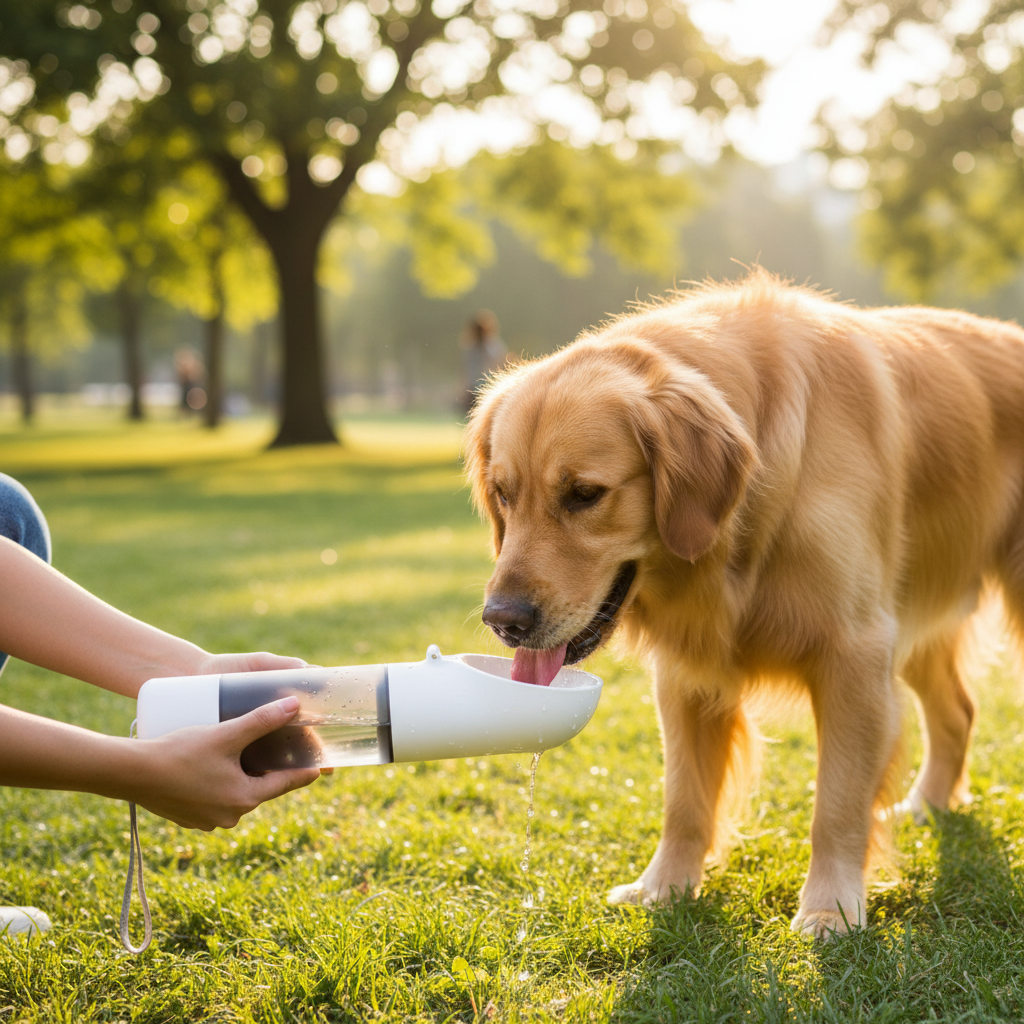 Owner pouring water from portable bottle for golden retriever at park