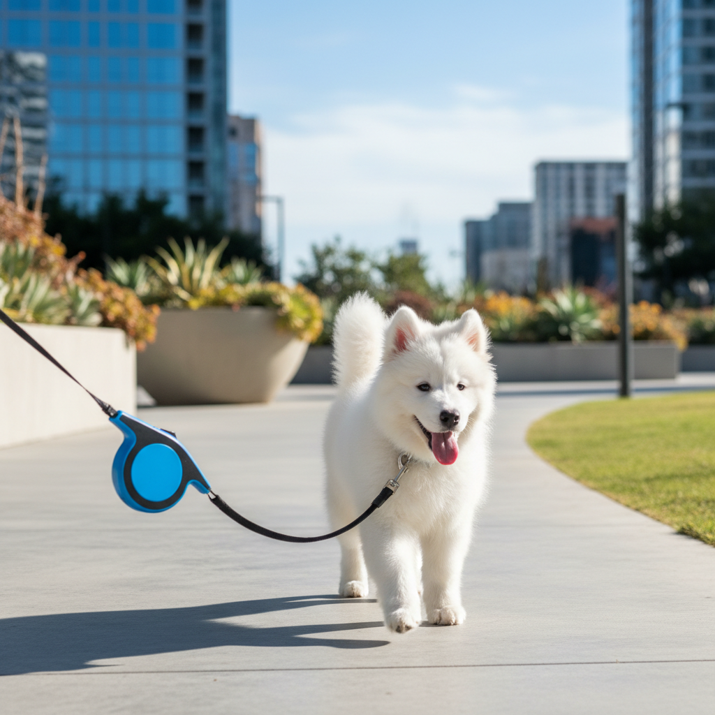 Small white dog on sunny walk with retractable leash
