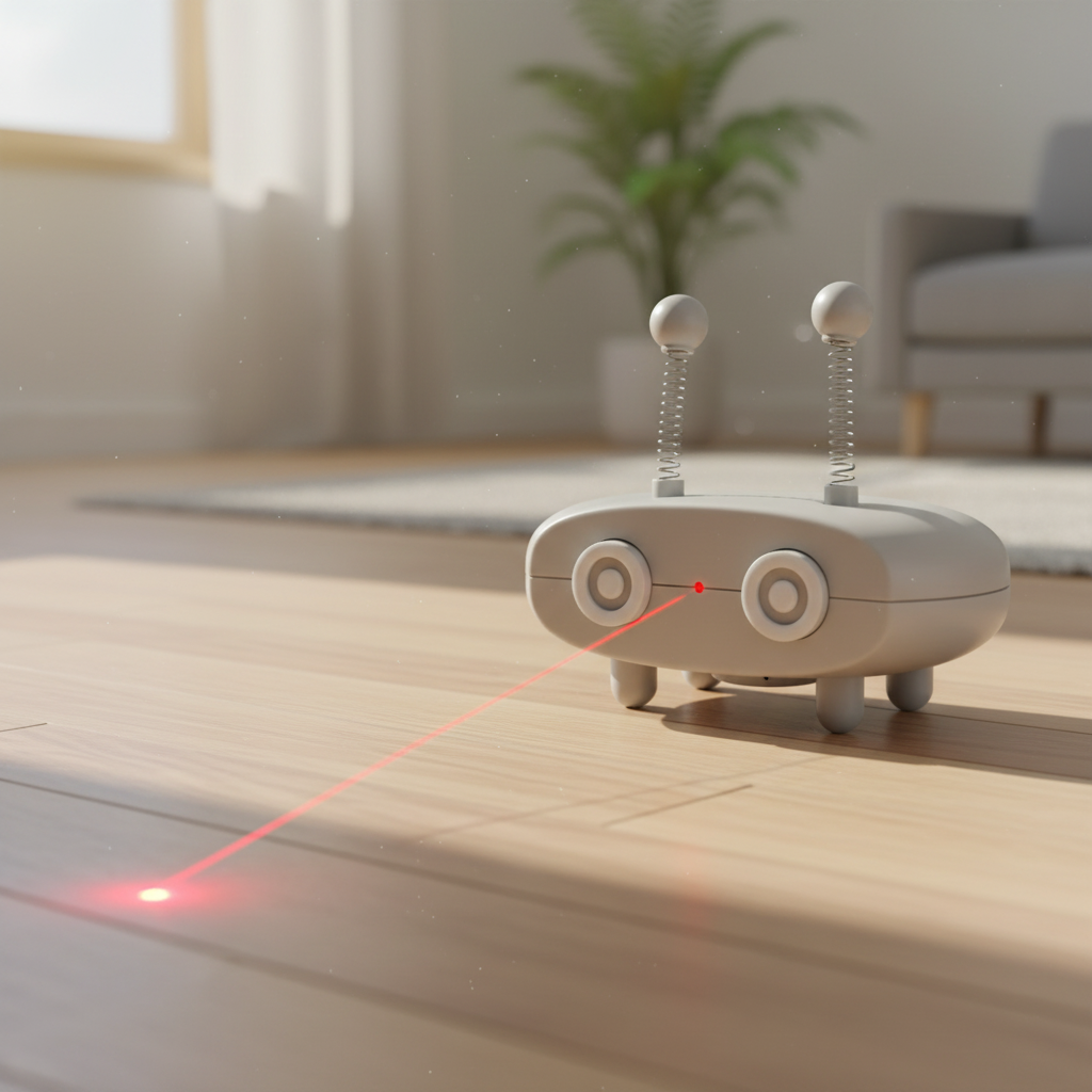 3D render of grey robot cat toy projecting red laser beam