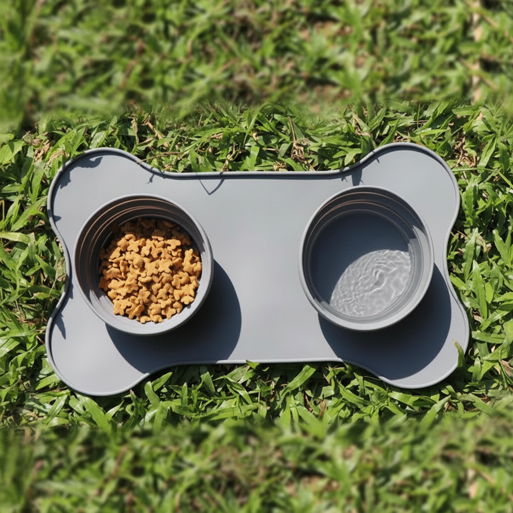 Grey silicone double pet bowl with kibble on green grass, outdoor lifestyle