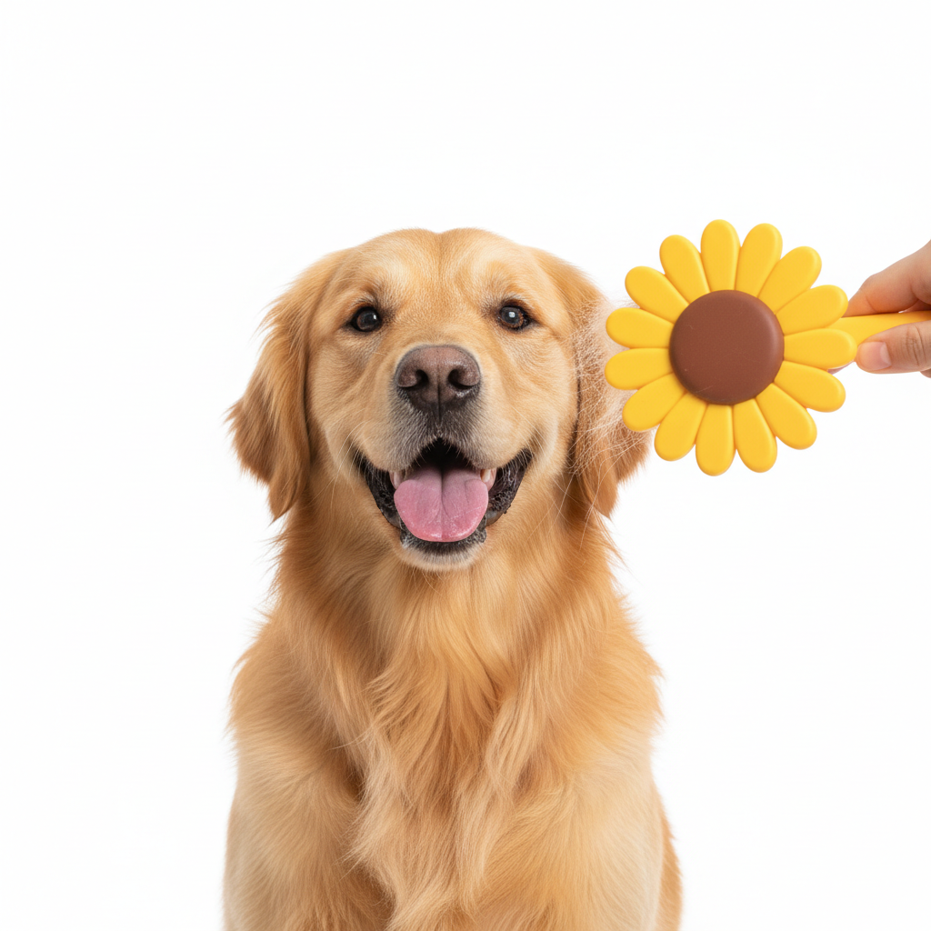 Golden retriever being brushed with sunflower pet comb
