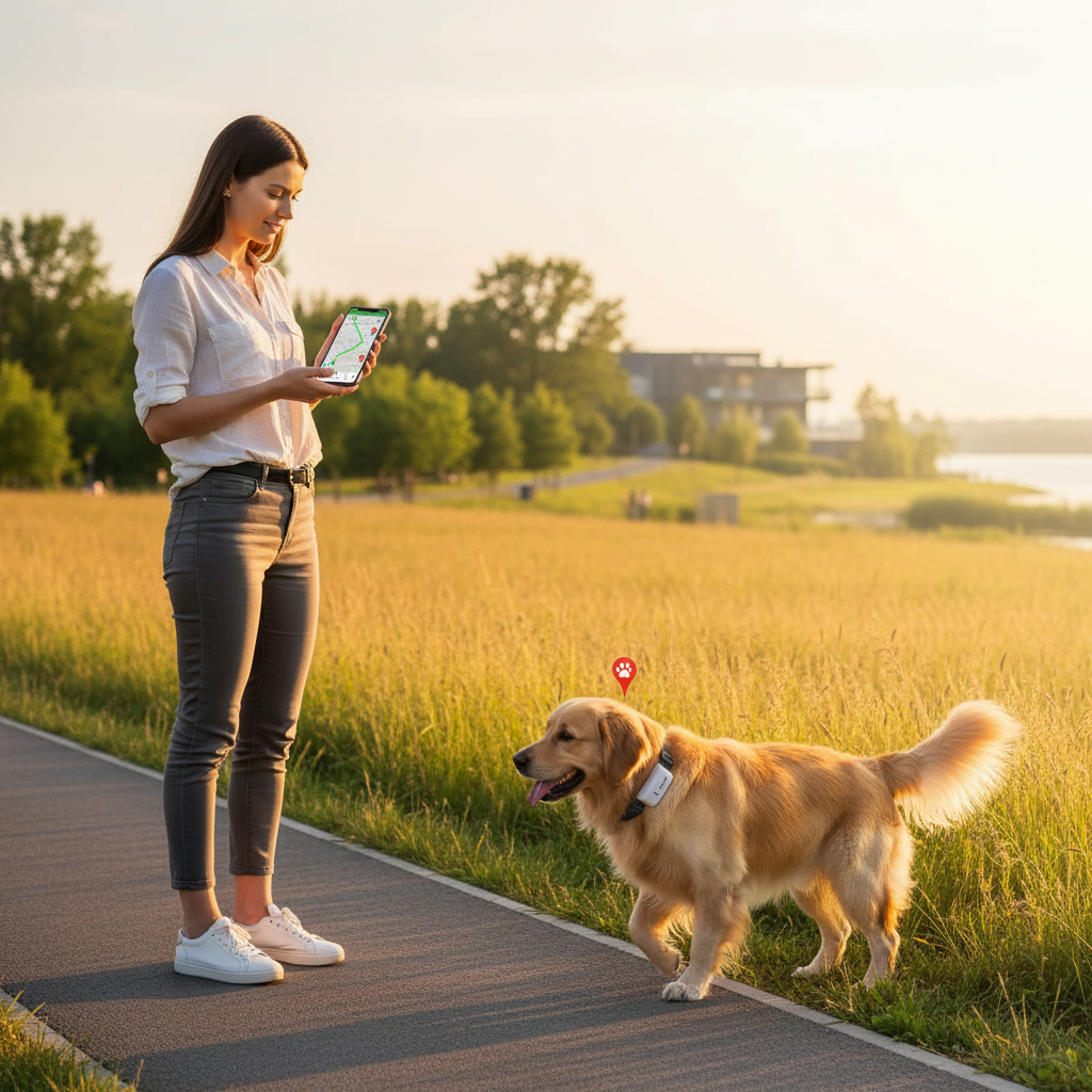 Owner tracking pet location on phone with GPS collar