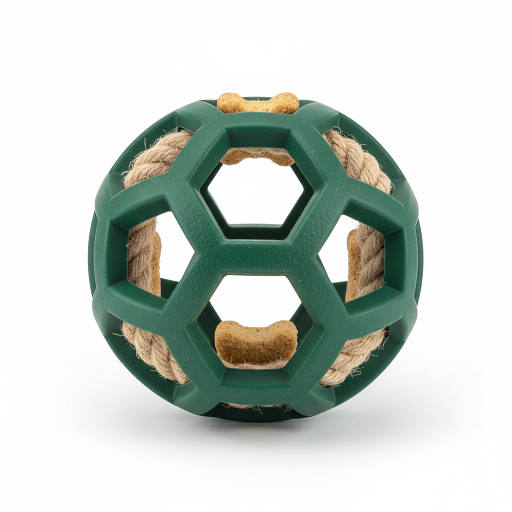 Green hemp rope treat ball with dog treats inside flat lay