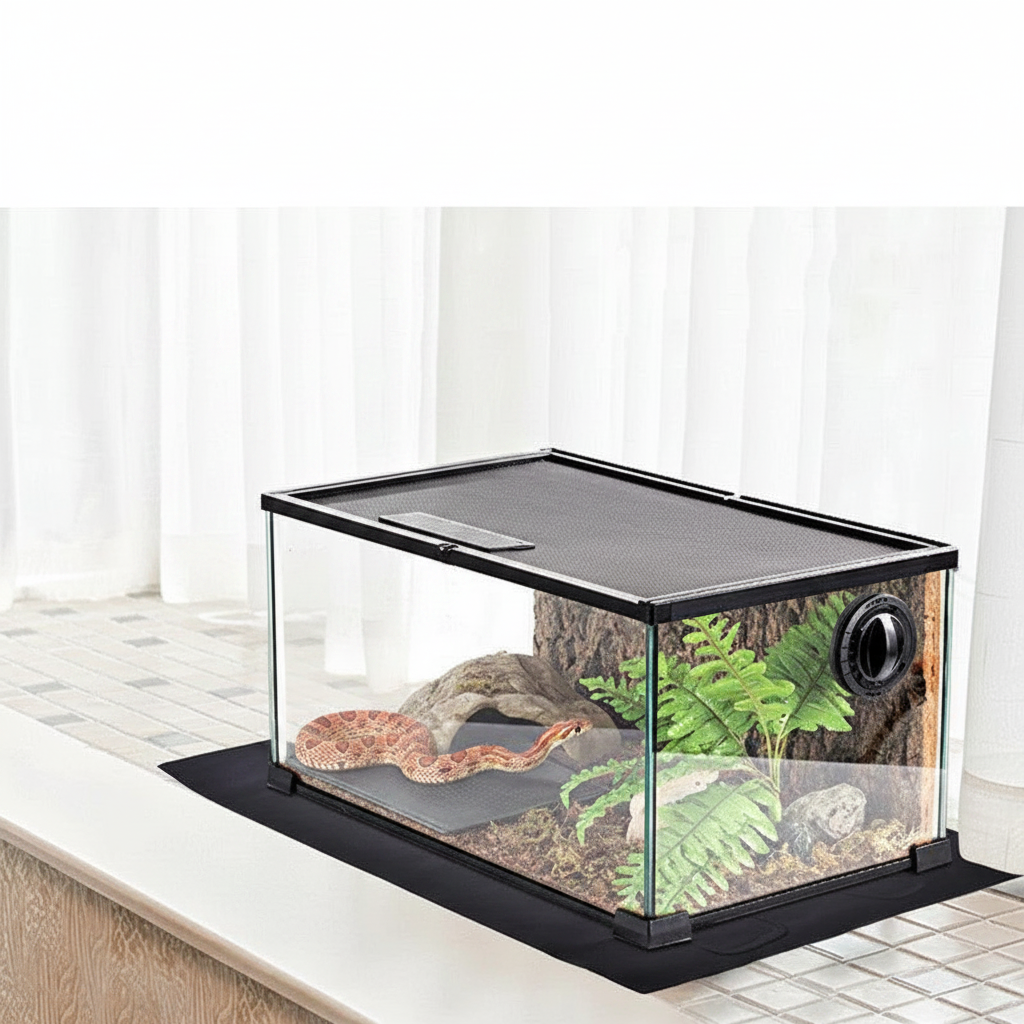 Small snake resting on warm black heating mat inside glass reptile enclosure