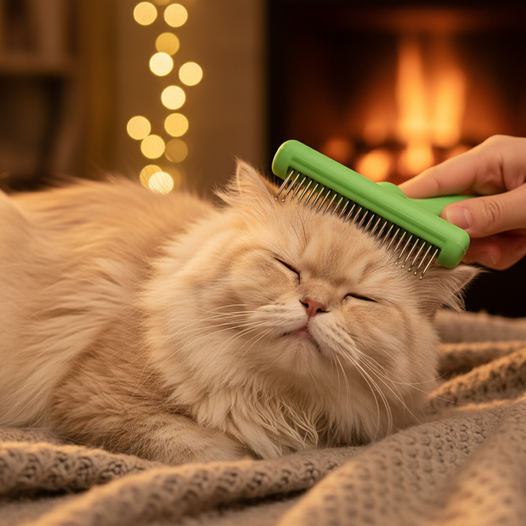 Close-up of green silicone pet grooming comb massaging a fluffy cat