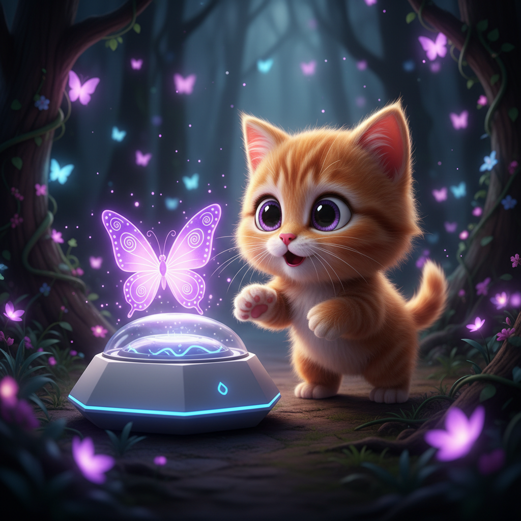 Kitten watching glowing purple butterfly from electric toy base