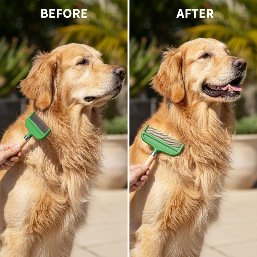 Before and after showing tangled vs smooth dog fur after grooming