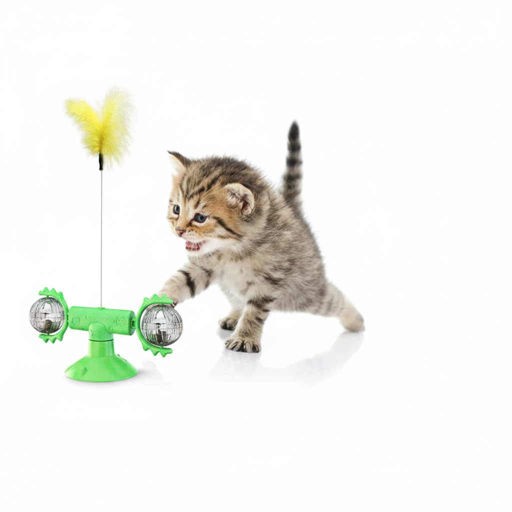 Tabby kitten pawing at green windmill turntable cat toy 3D render