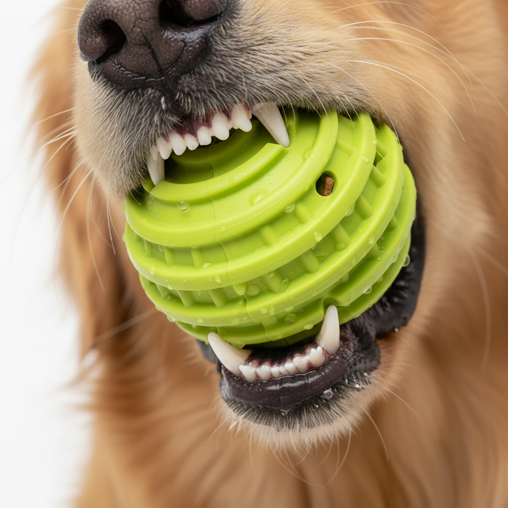 Dog biting green rubber treat ball showing teeth cleaning