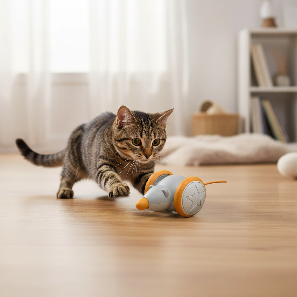Tabby cat pouncing on electric orange mouse toy