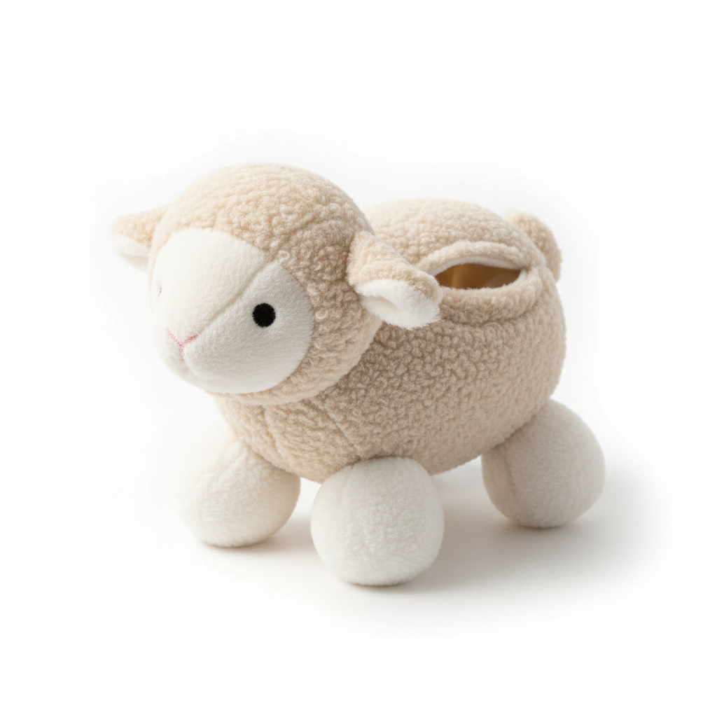 Close-up of white lamb sniff toy showing soft beige fleece texture