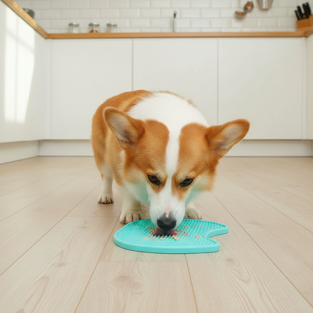 Corgi dog happily licking food from a teal green silicone lick mat