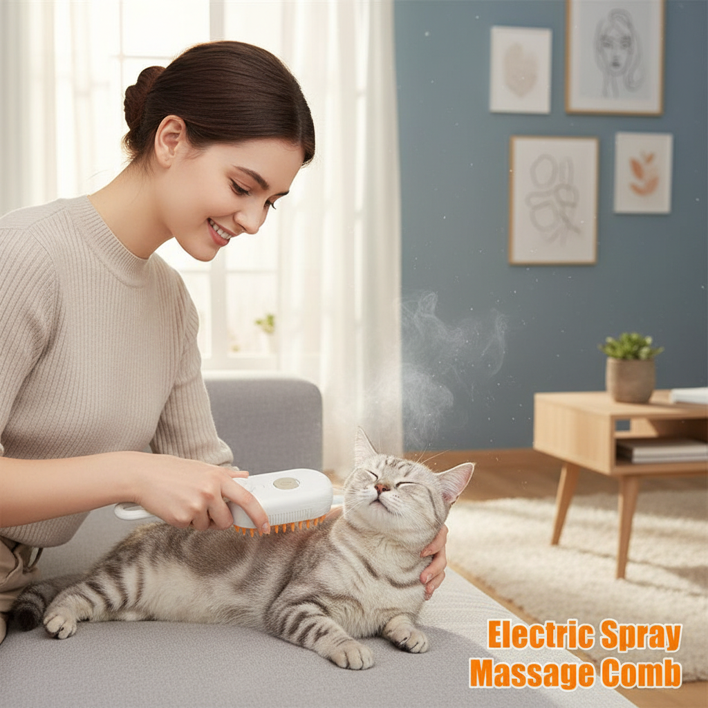Young woman using electric steam spray massage comb on a relaxed tabby cat