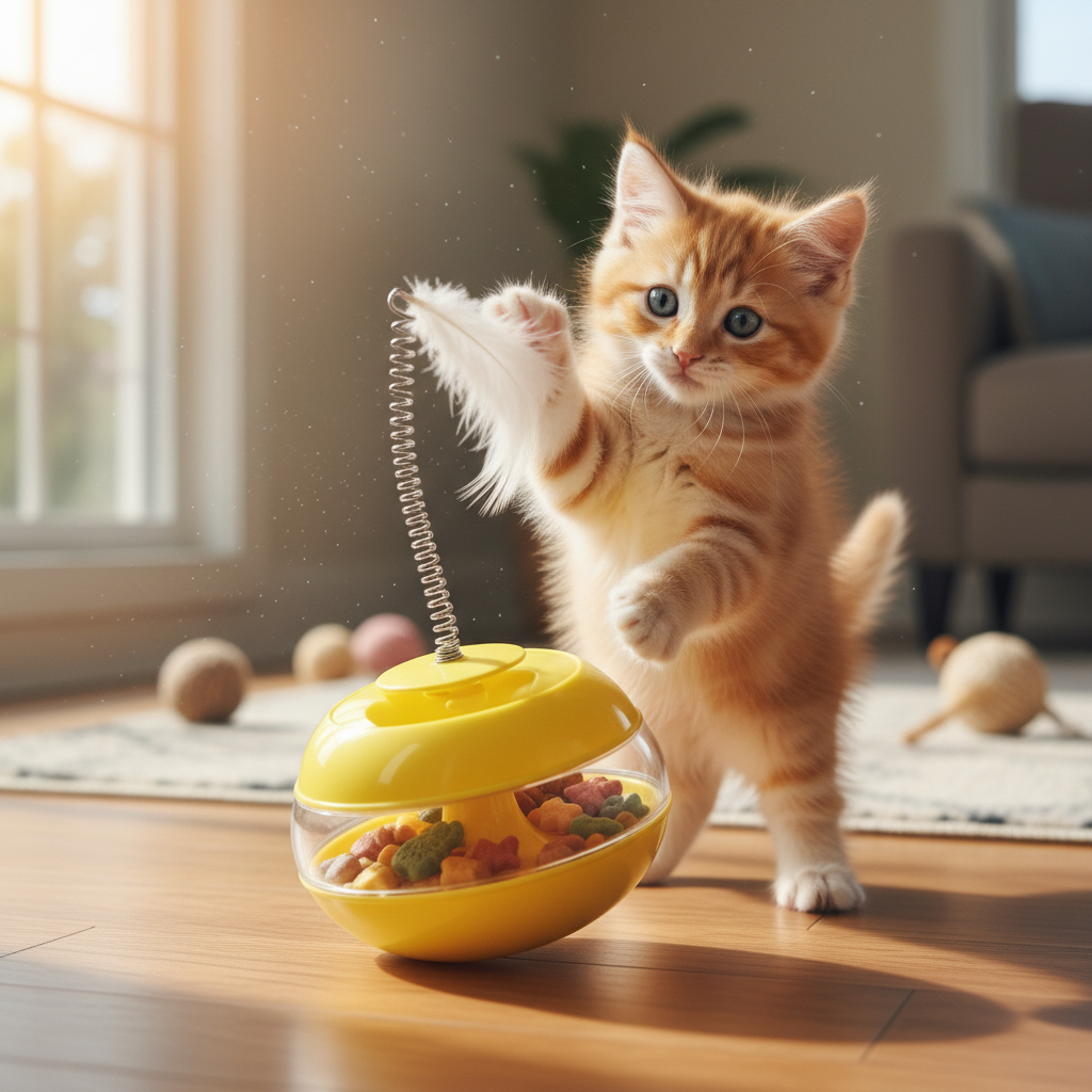 Kitten batting feather on yellow wobbling tumbler toy with treats