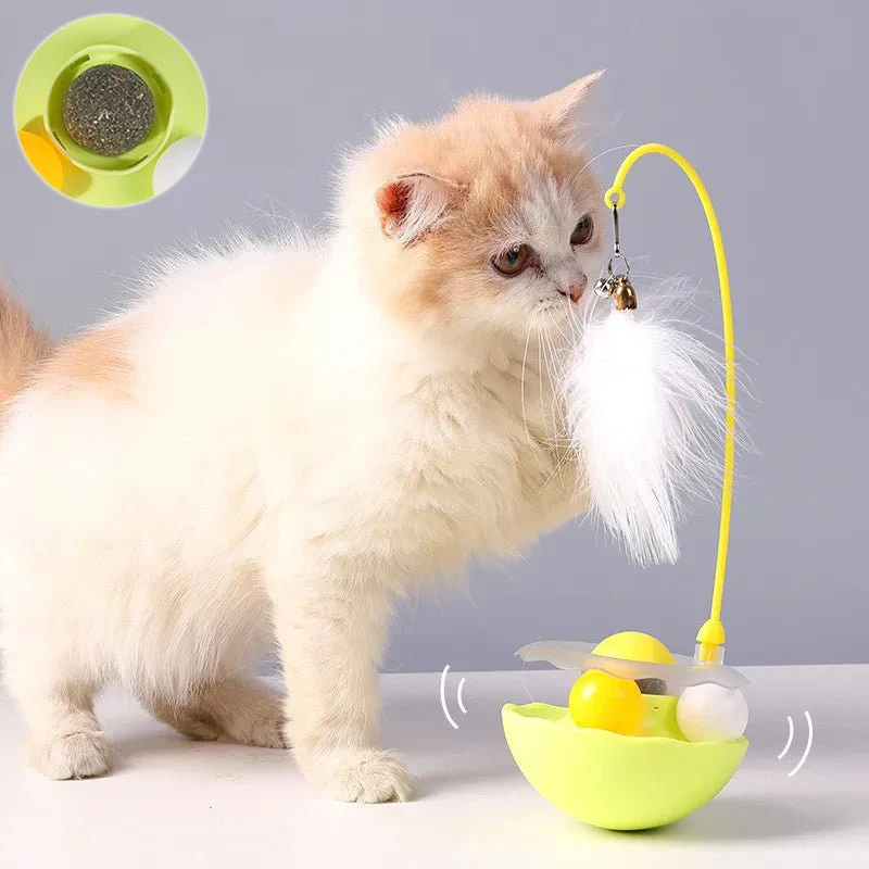 Cat Interactive Tumbler Toy with Feather Wand — Fluorescent Yellow