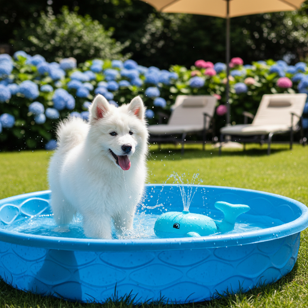Small fluffy dog splashing with whale water toy in paddling pool