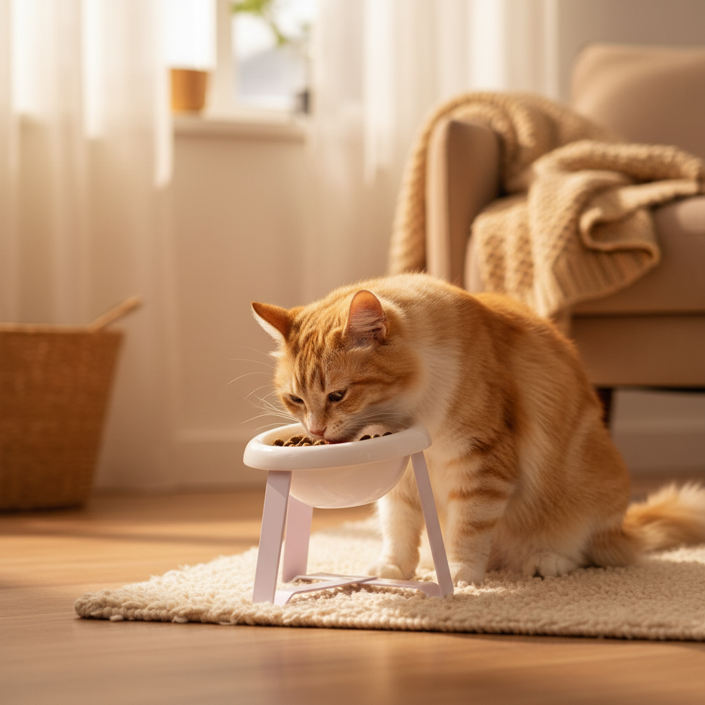 Senior cat eating comfortably from a tilted elevated white ceramic bowl