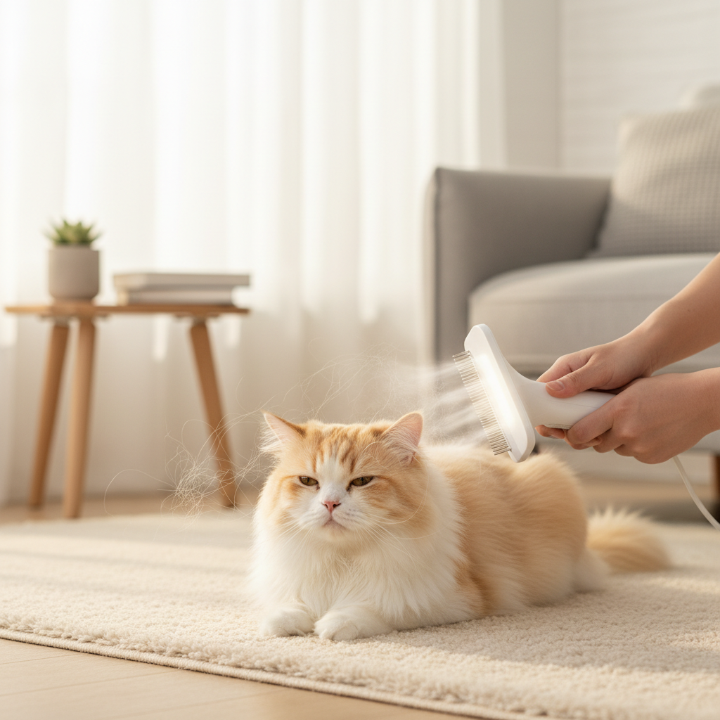 Cat being groomed with pet hair dryer comb