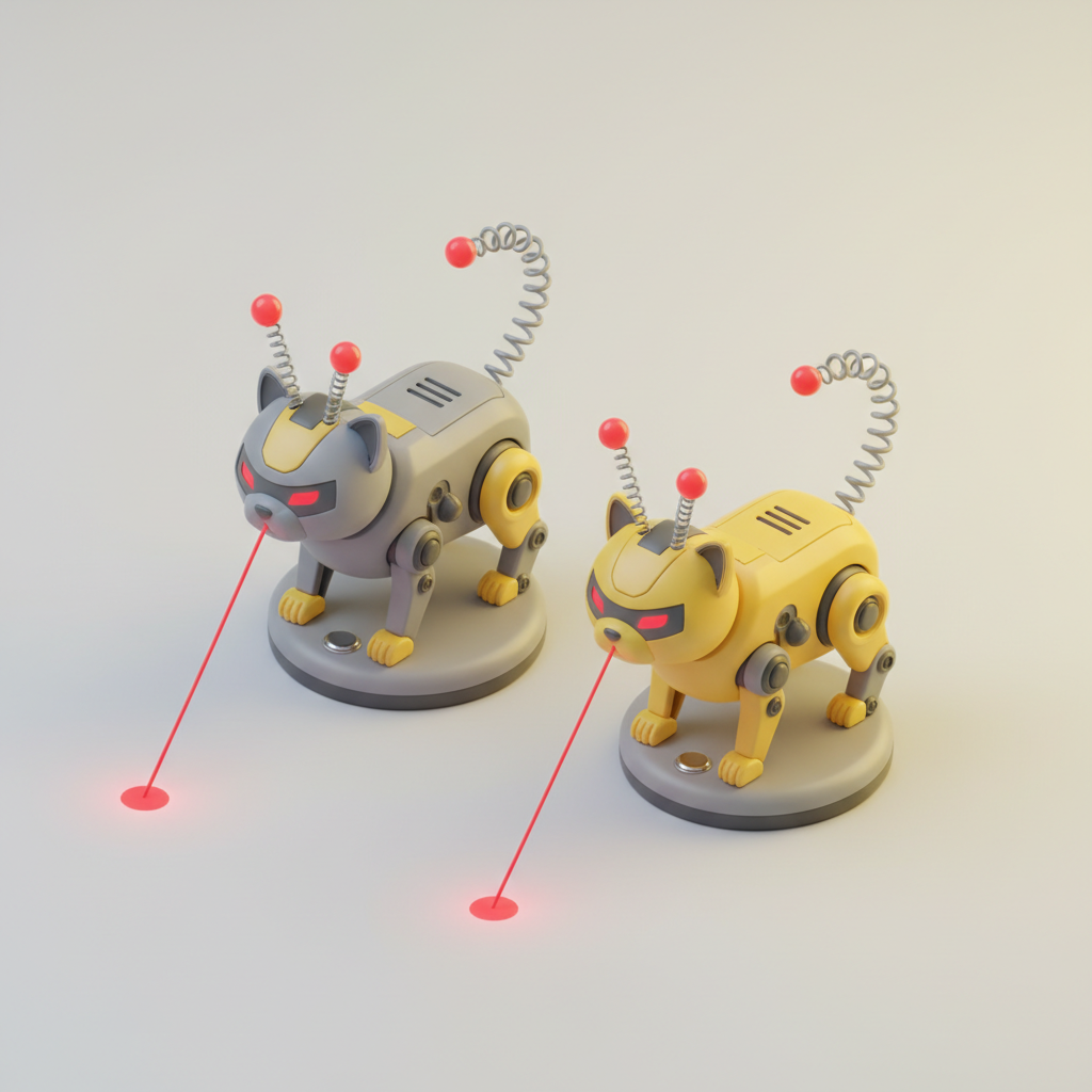 Grey and yellow robot cat laser toys 3D isometric render