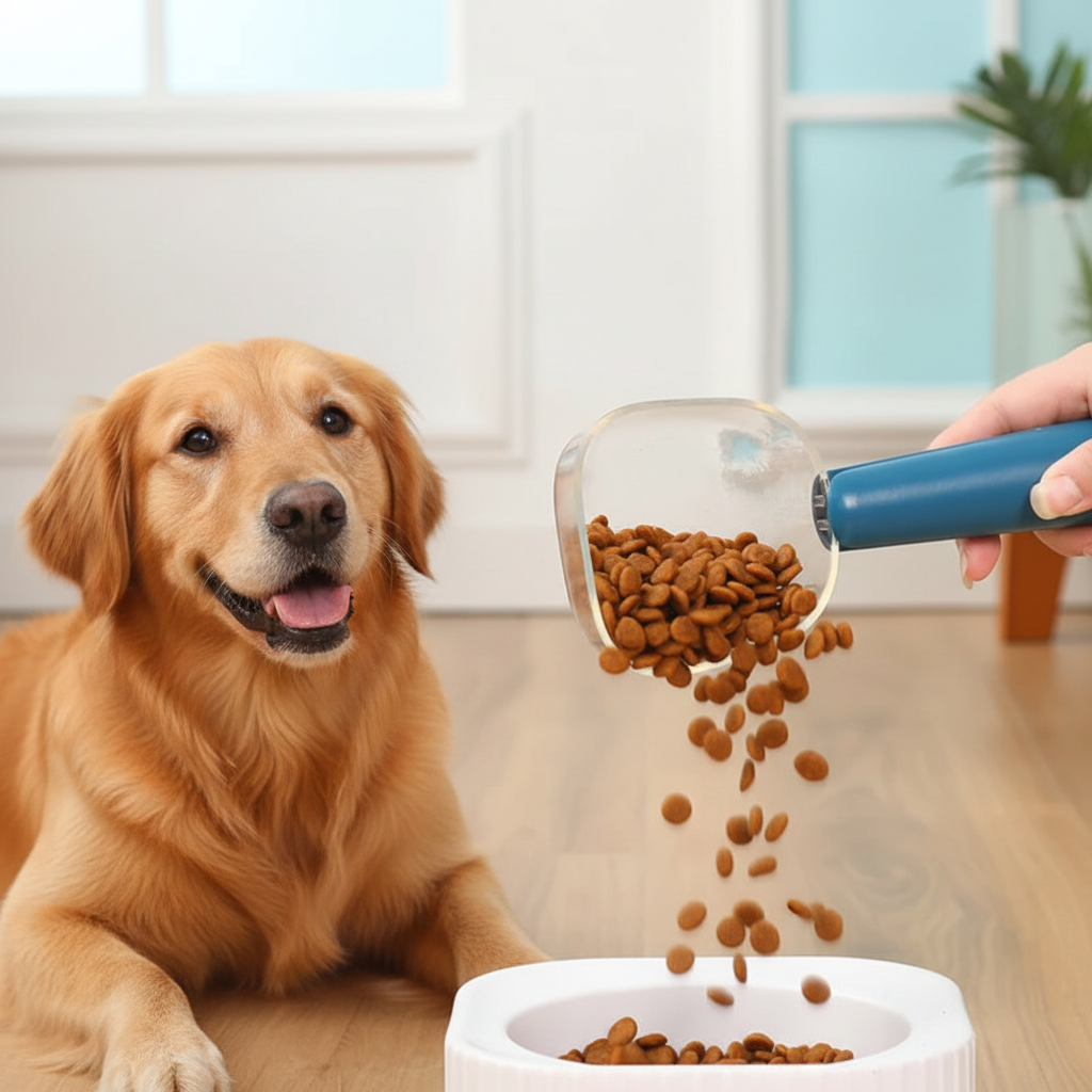 Golden retriever waiting at food bowl while owner scoops kibble with bag clip