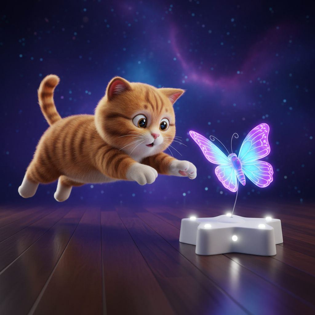 Tabby cat pouncing on electric glowing butterfly toy 3D cartoon