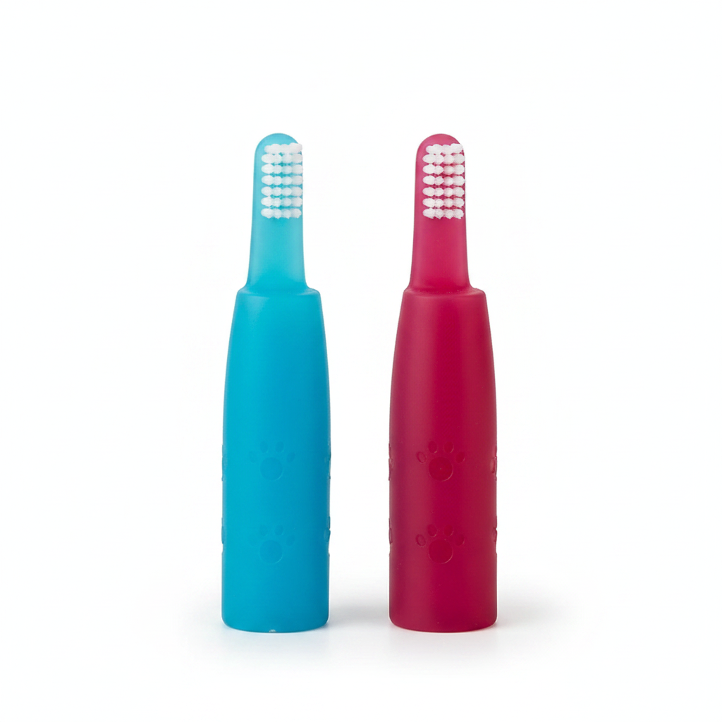 Blue and rose red silicone pet finger toothbrushes side by side on white background