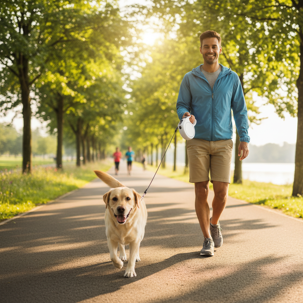 Labrador on sunny morning walk with white retractable leash