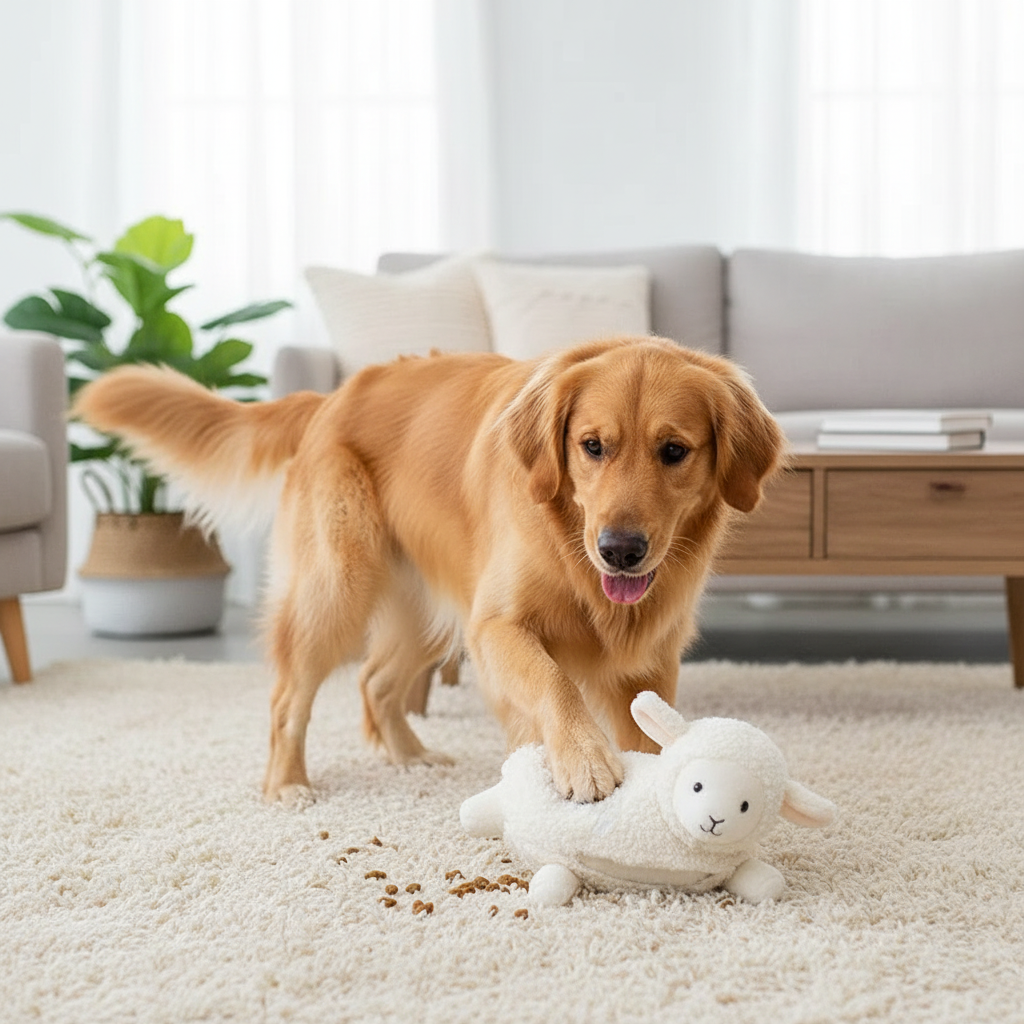 Golden retriever pawing at white lamb sniff toy on living room rug