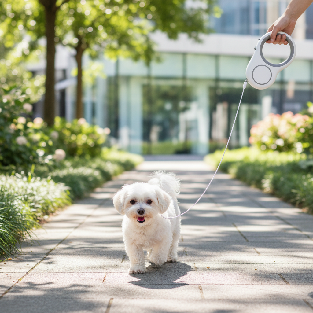 Small white dog on sunny walk with retractable leash