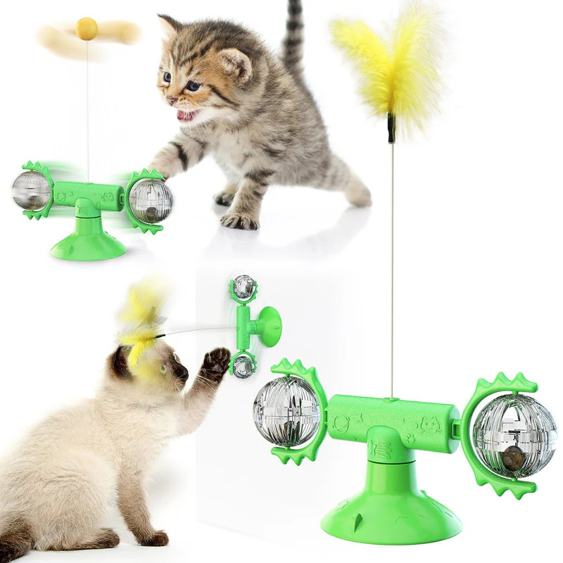 Cat Turntable Windmill Glowing Toy — Green with Silver Balls and Yellow Feather