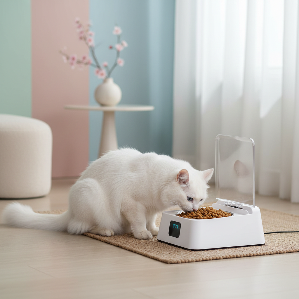 Elegant white cat eating from Pet Automatic Feeder