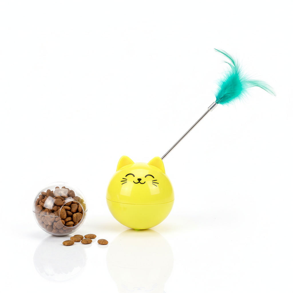 Fluorescent yellow cat tumbler toy flat lay product photo