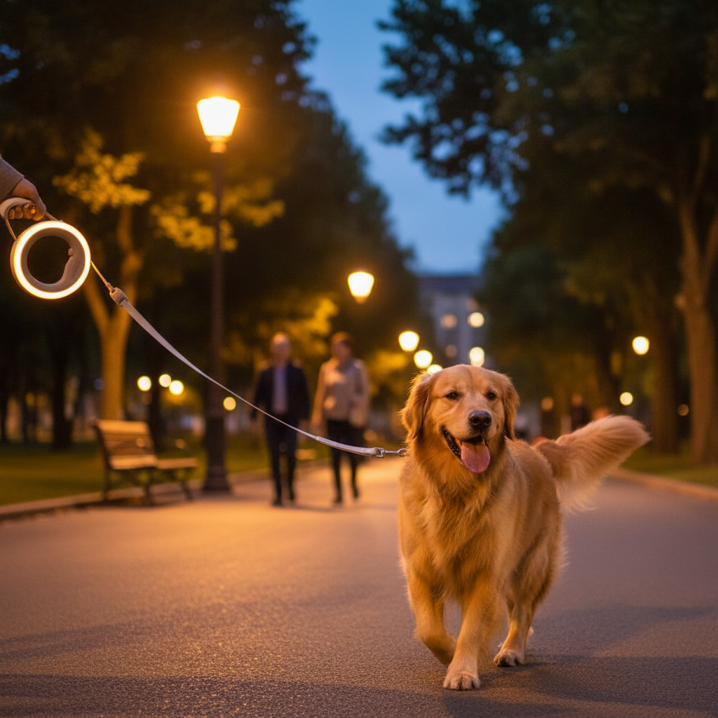 Golden retriever on evening walk with LED ring leash