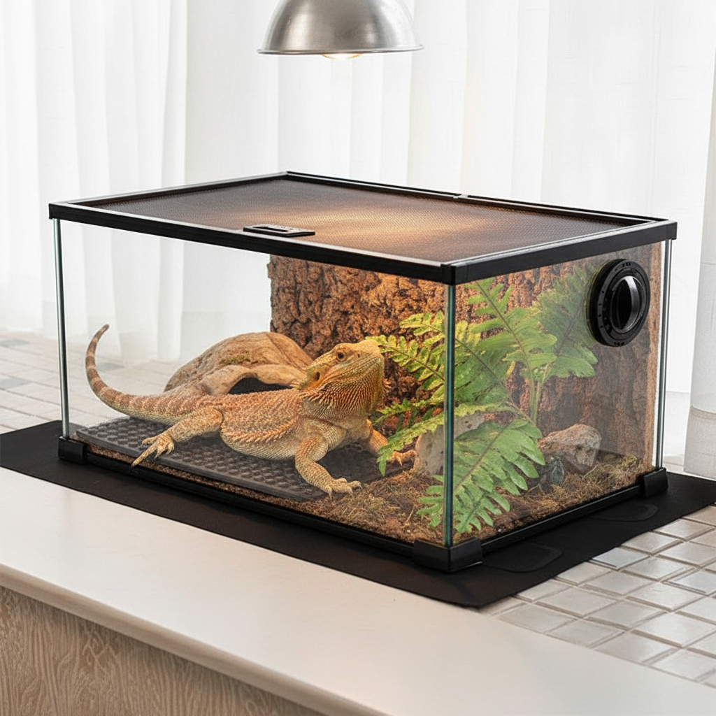 Bearded dragon lizard relaxing on warm black heating mat in terrarium