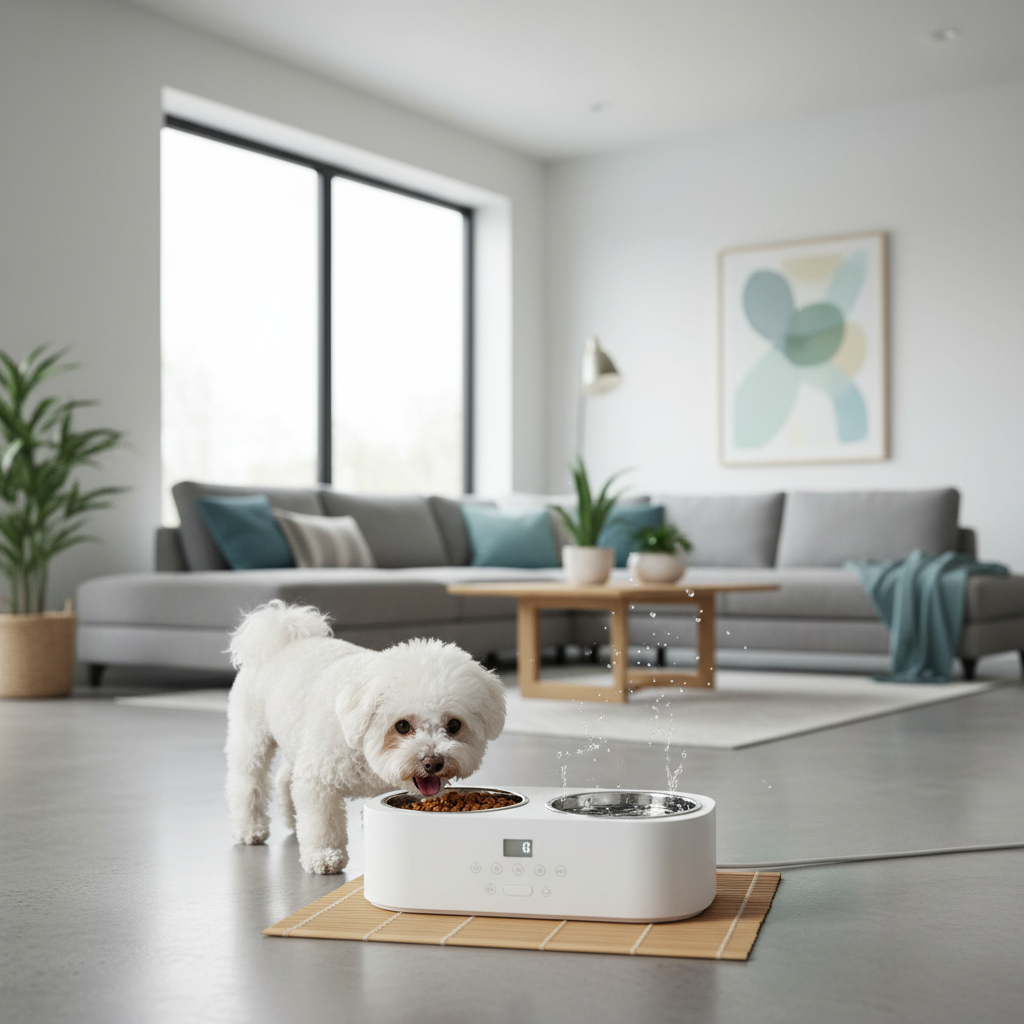 Small dog eating from white double pet bowl
