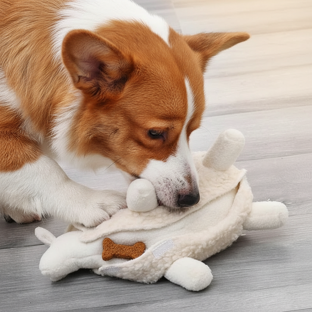 Corgi dog playing with white fluffy lamb sniff toy