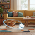 Kitten chasing self-moving white smart ball 3D stylized render
