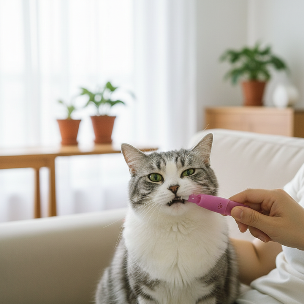 Fluffy cat being gently brushed with rose red silicone finger toothbrush