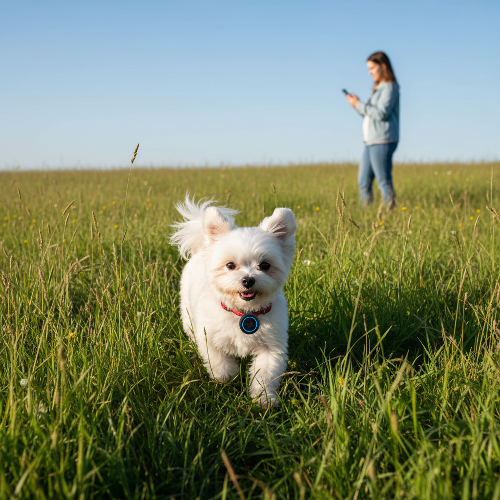 Small dog running freely with GPS tracker on collar