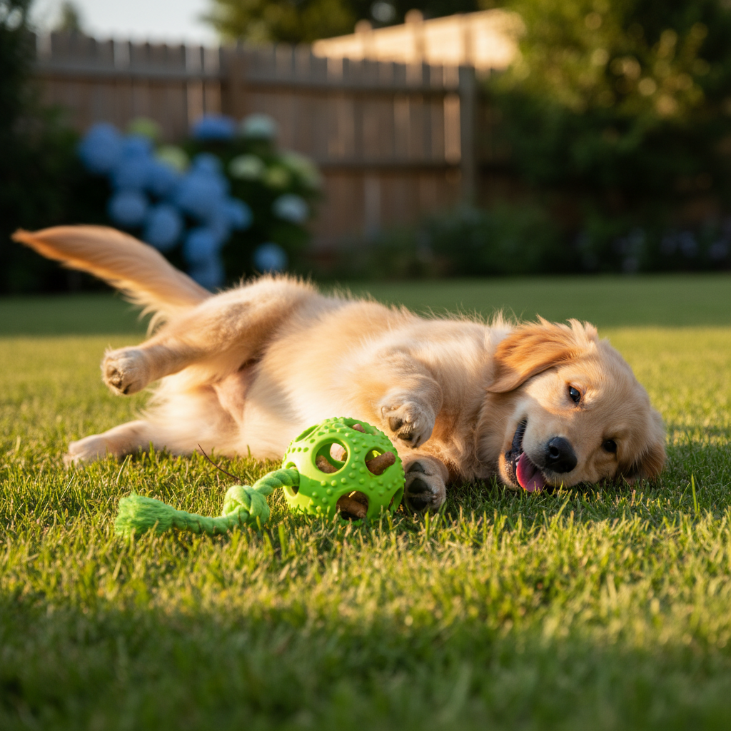 Golden retriever puppy playing with green rope treat ball on grass