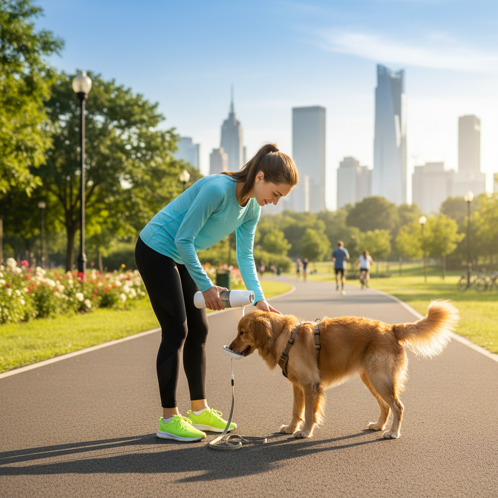 Woman on morning jog giving dog water from portable travel bottle