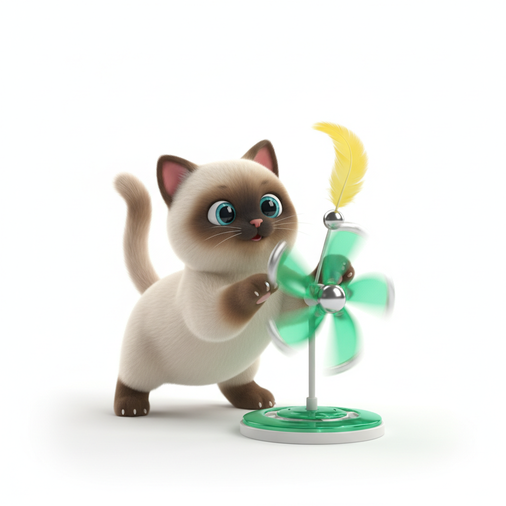 Siamese cat batting green spinning windmill toy 3D cartoon
